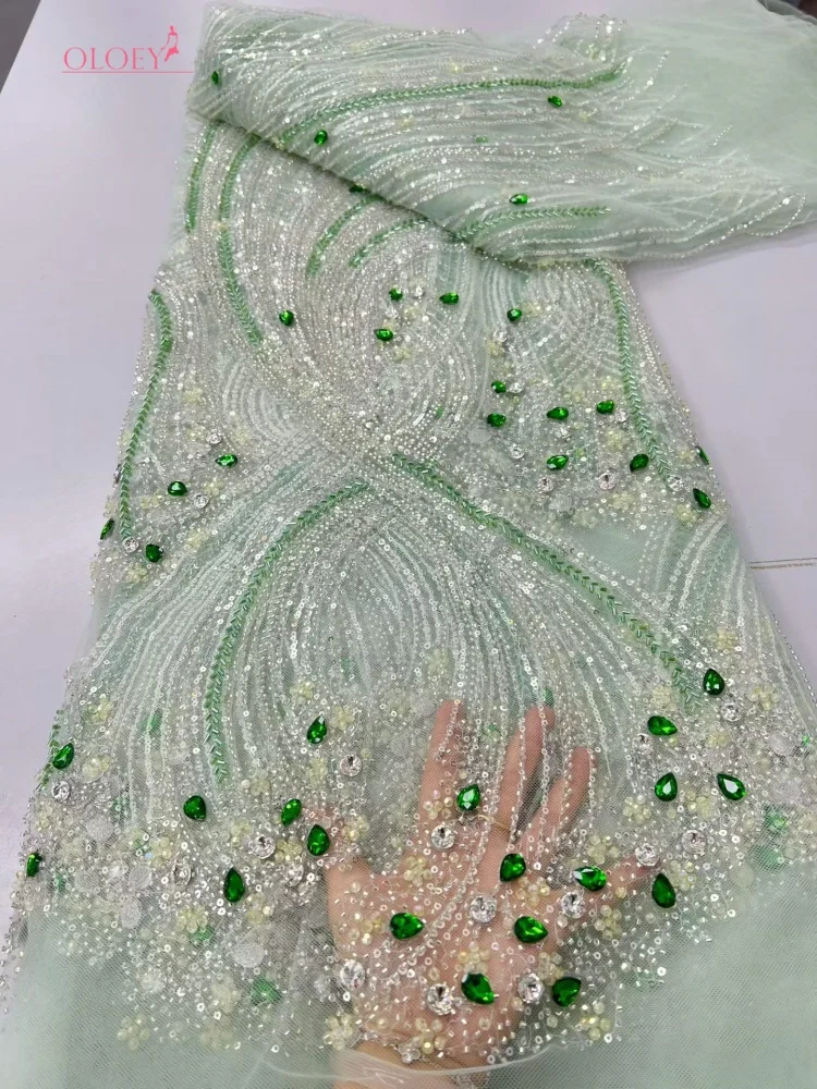 

OLOEY Luxury French African Handmade Embroidery Crystal Stone Beads Lace High Quality Nigerian Sequin Lace Fabric For Wedding Dr