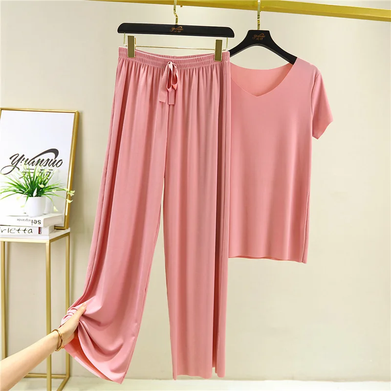 Solid Pijama set Women Clothing Summer Fashion Thin Homewear Casual Loose tshirt Wide Leg Pants Set for Women