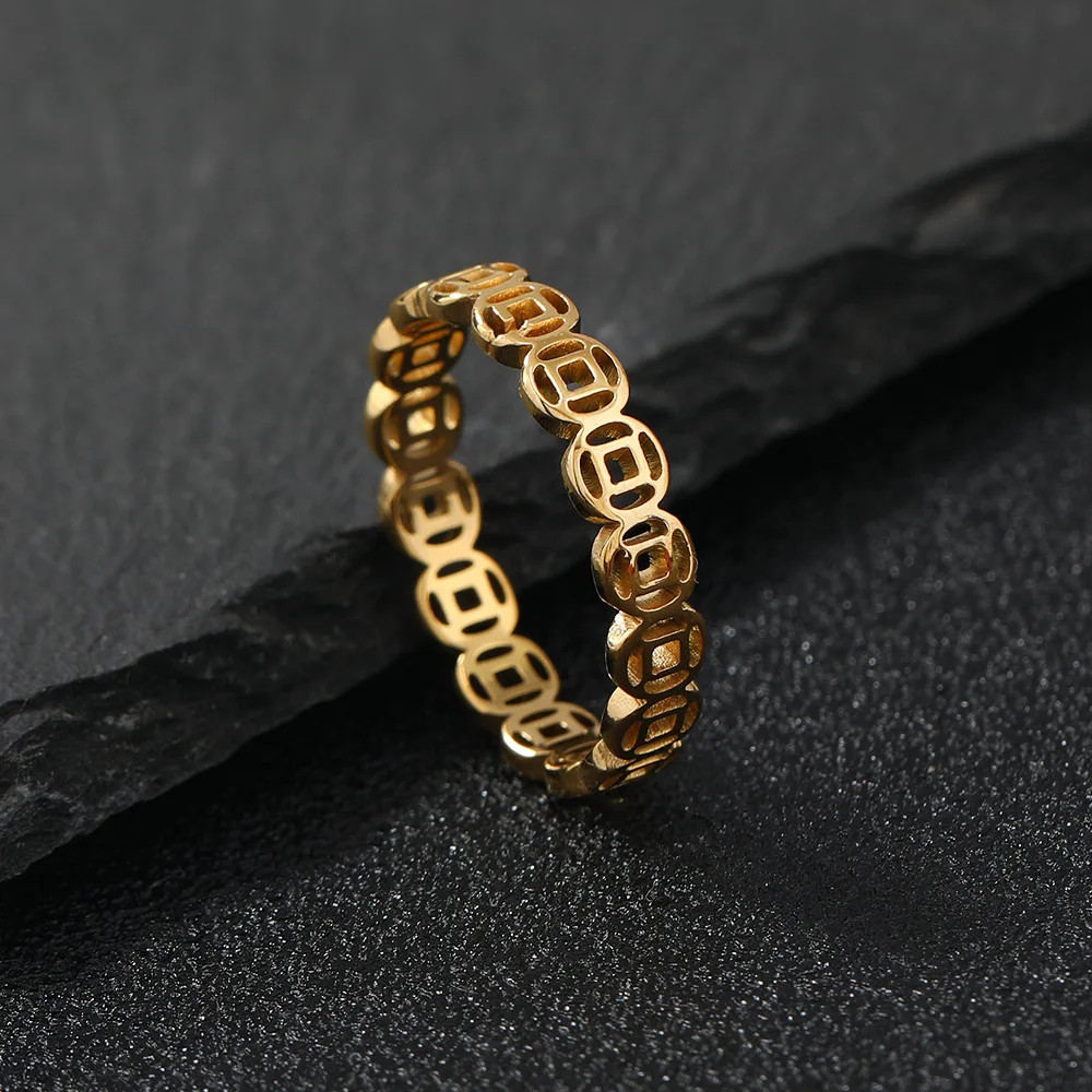 Chinese  Copper Coin Design Stainless Steel Ring Minimalist Gold Fashion Ring