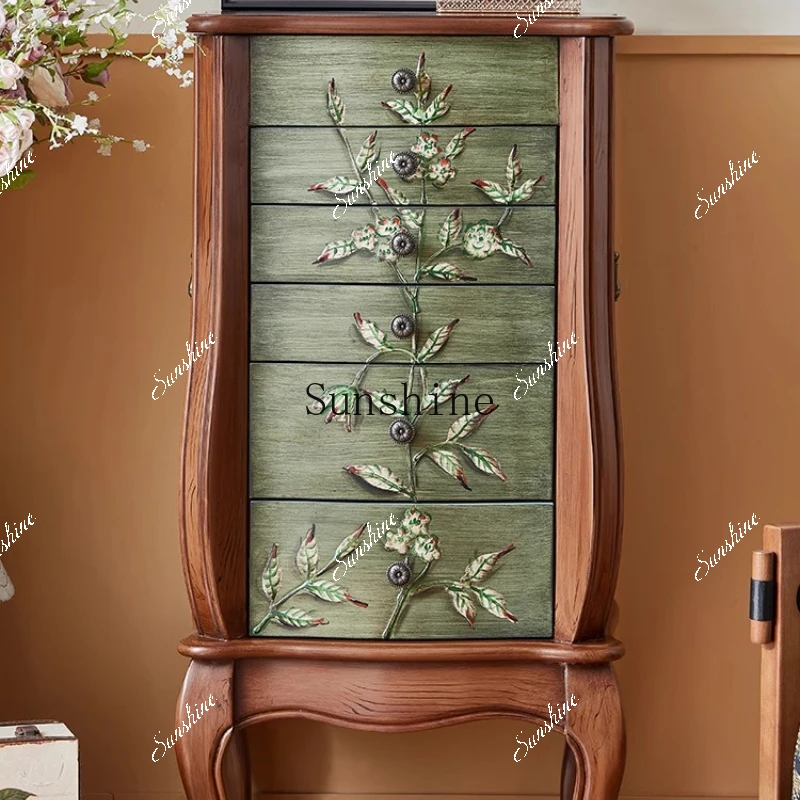 Dark green American retro jewelry cabinet hand painted flower branches and leaves storage retro round handle home decoration  FT