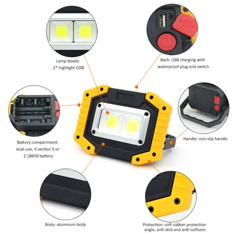 

Portable COB LED Floodlight 30W Rechargeable Flood light Outdoor lamp lighting flashlight optional purchase 18650 battery