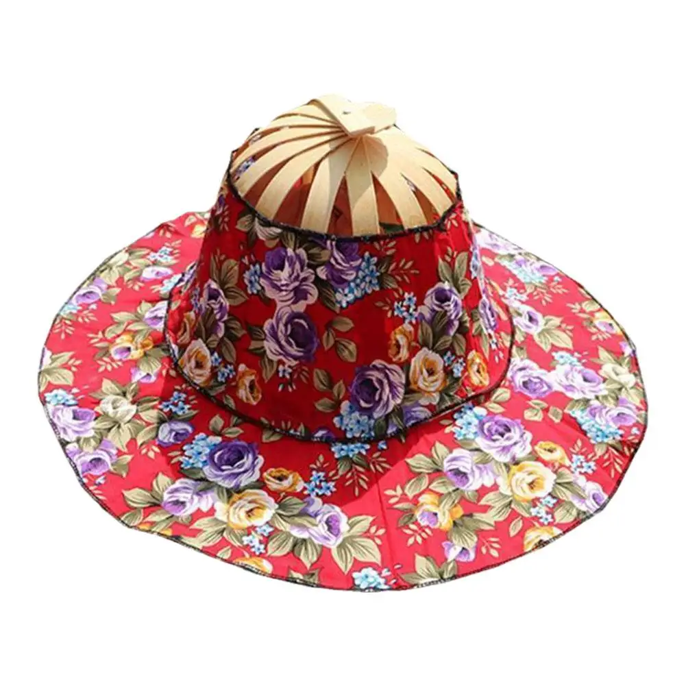 Women Bamboo Foldable Hand Fan Sun Hat Portable Chinese Style Bamboo Frame Floral Printed Hand Fan Sunhat Hat For Travel Be U5N0