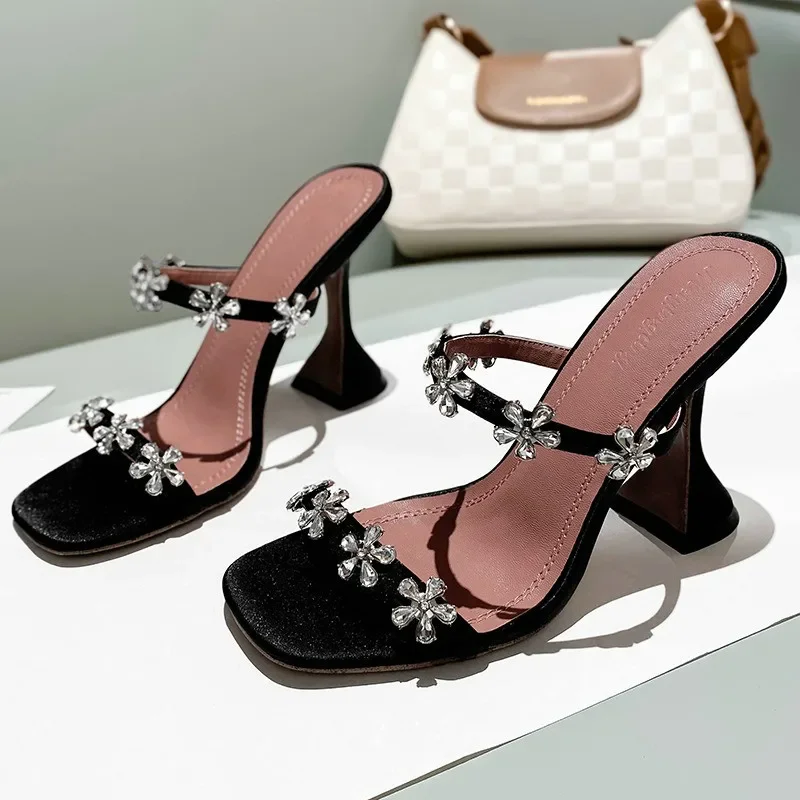 Square Head Rhinestone Sandals Slipper Women 2024 Summer New Fairy Wind Sexy Open-toe High Heels