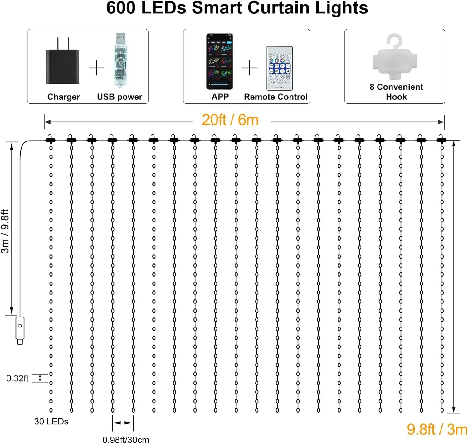 300LEDs Smart Curtain String Light with Bluetooth APP Control Christmas Fairy Garland String Light for Xmas Party Wedding Decor