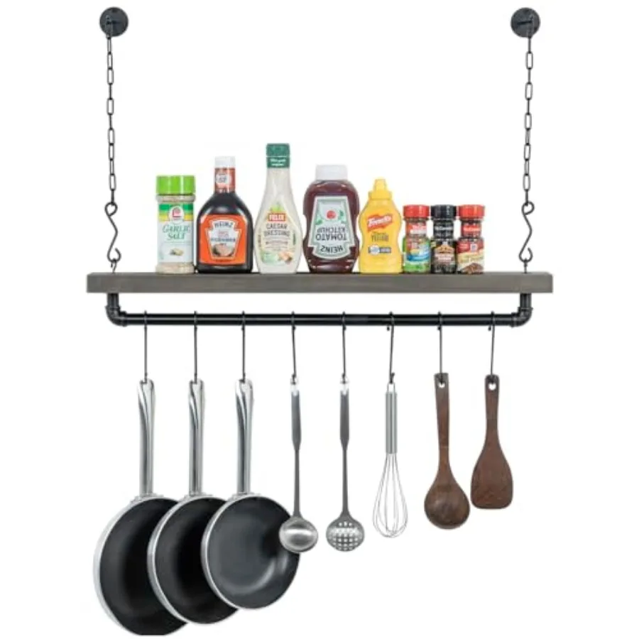 

Ceiling or Wall Mounted Pot Rack with Shelf, Industrial Black Pipe and Gray Wood Hanging Cookware Utensil Organizer with 8 S-Ho
