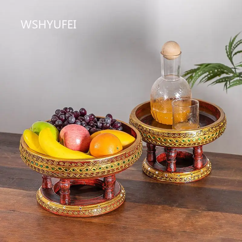 Vintage Multi Leg Wooden Offering Tray with Gold Trim and Gemstone Inlays for Buddhist Altar Fruit Display and Home Decor