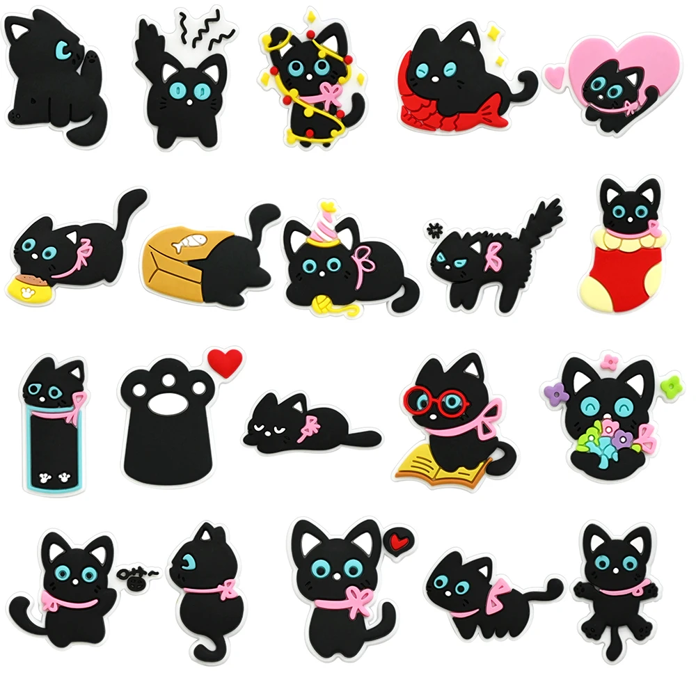 9/20pcs Cute Black Cat PVC Shoe Charms For Clogs Bubble Slides Sandals, Shoe Decorations Accessories For Birthday Gift Party image 3