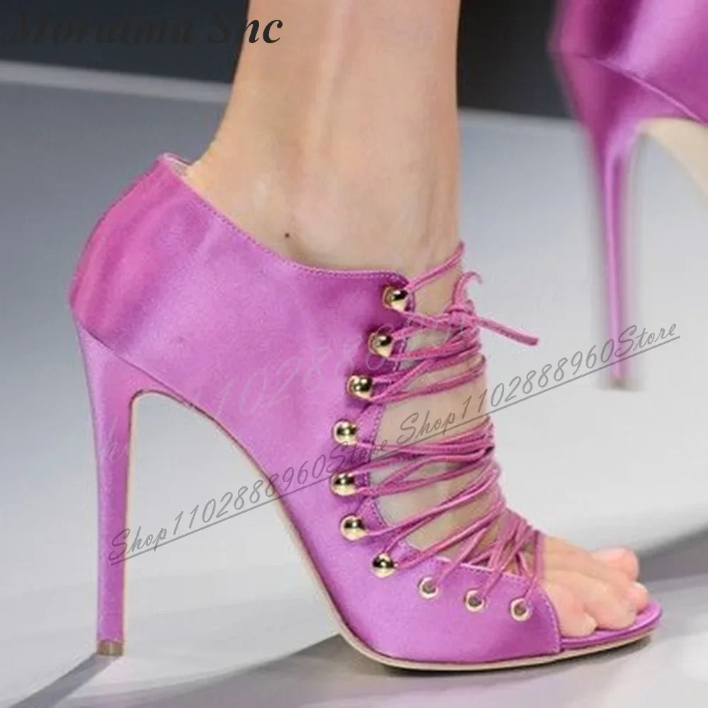 Luxury Orange Cloth Catwalk Pumps Thin High Heel Shoes For Women Cross Tied Peep Toe 2024 Fashionable Zapatos Para Mujere view 3