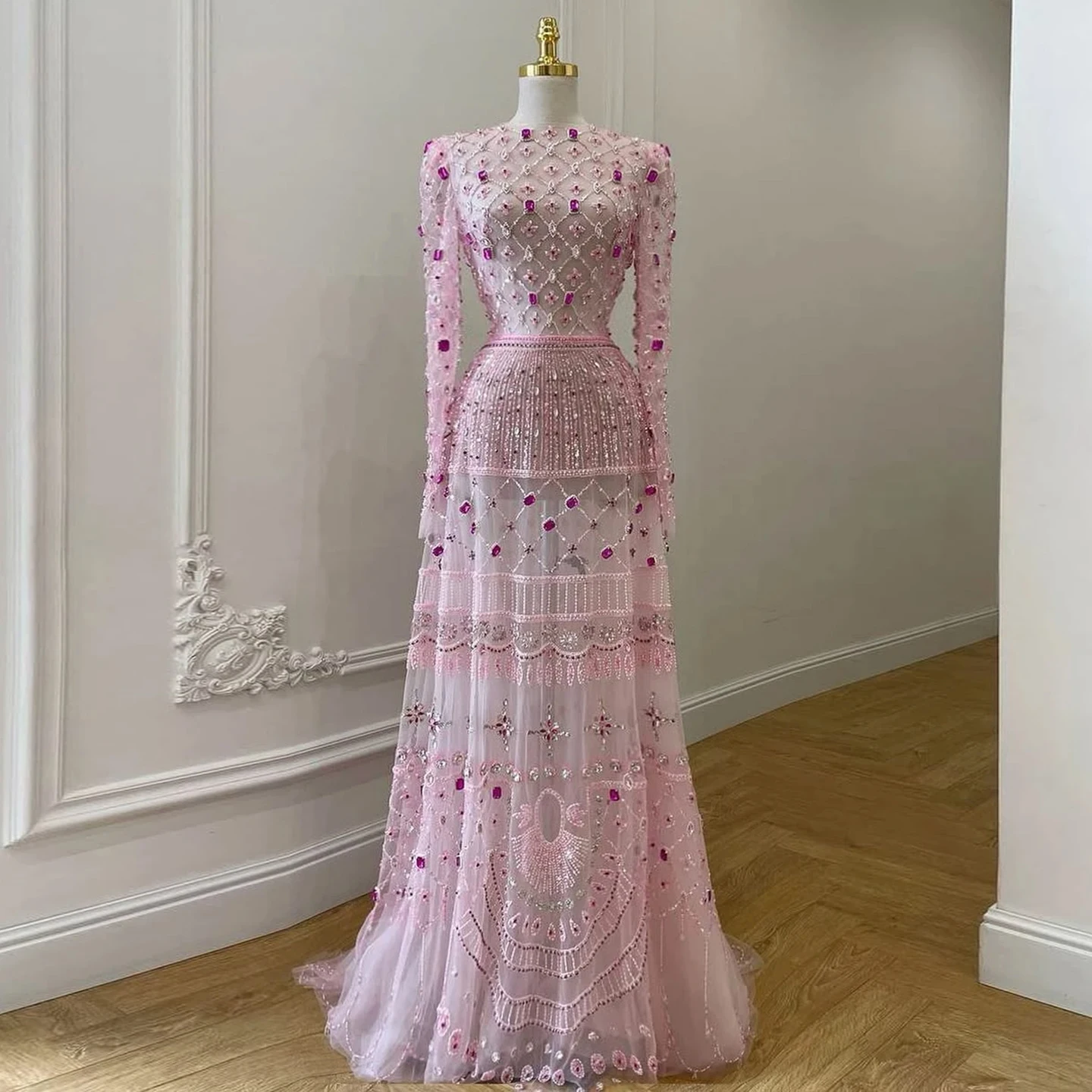 Sharon Said Abito da sera di lusso con perline rosa Manica lunga Dubai Elegante arabo Abiti da ballo per feste per le donne SS220 Personalizzato