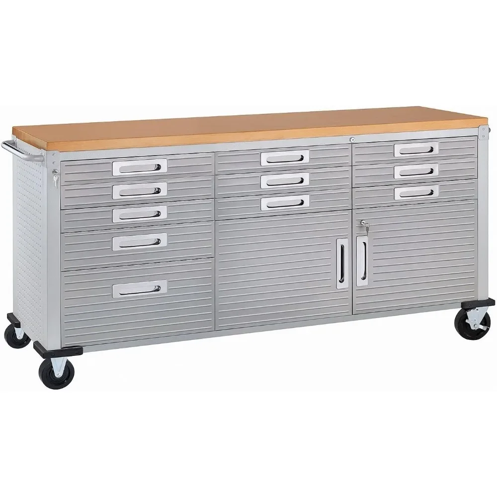 

UltraHD Heavy Duty Rolling Cabinet Workbench Table w/Solid Wood Top, Workstation for Garage, Warehouse, Office, Workshop