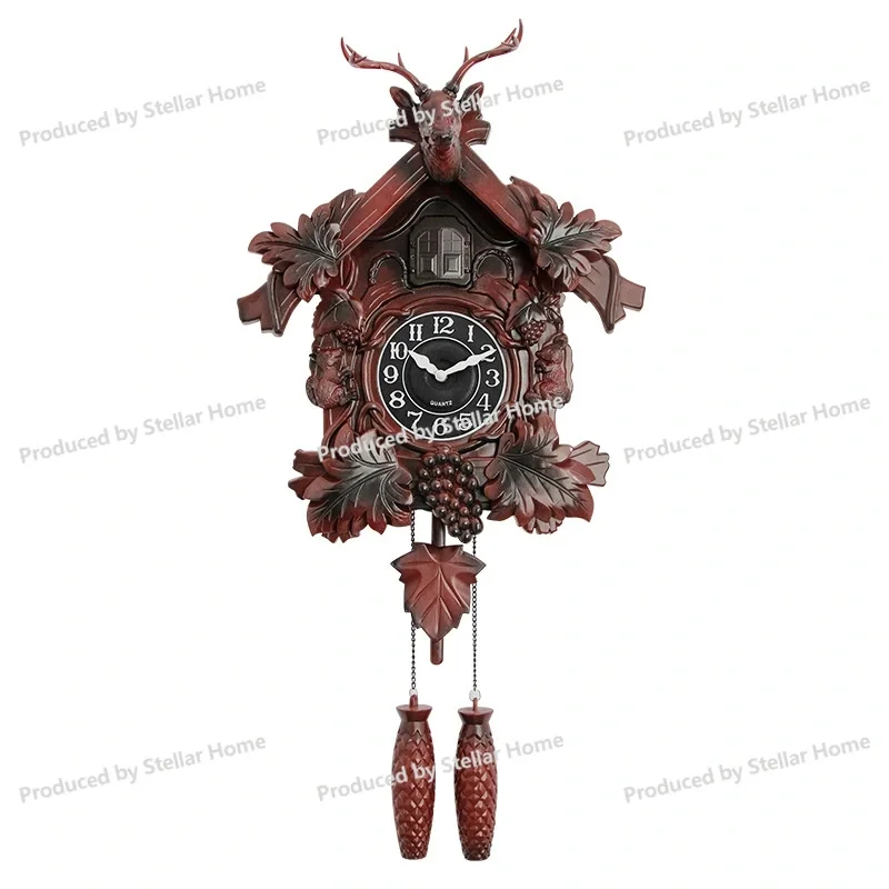 

European Retro Deer Head Wall Clock Living Room High-end Decorative Clock Cuckoo Bird Hourly Chime