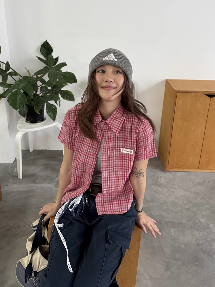 

Slim Fit ort Sve irt Women's Summer New Casual Design Plaid American id oulder Length irt Street Sle Cotton Br...