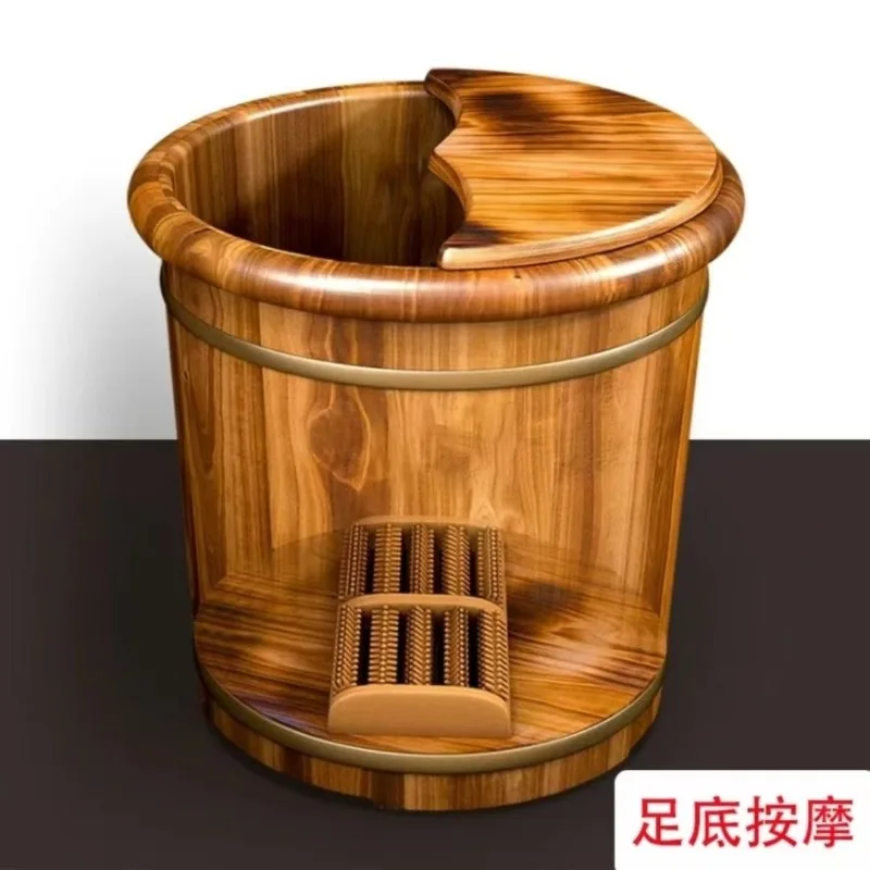 Wooden Foot Soaking Bucket, Solid Wood Calf-Deep Foot Bath Basin, Insulated Massage Foot Spa Tub With Lid For Home - view 2
