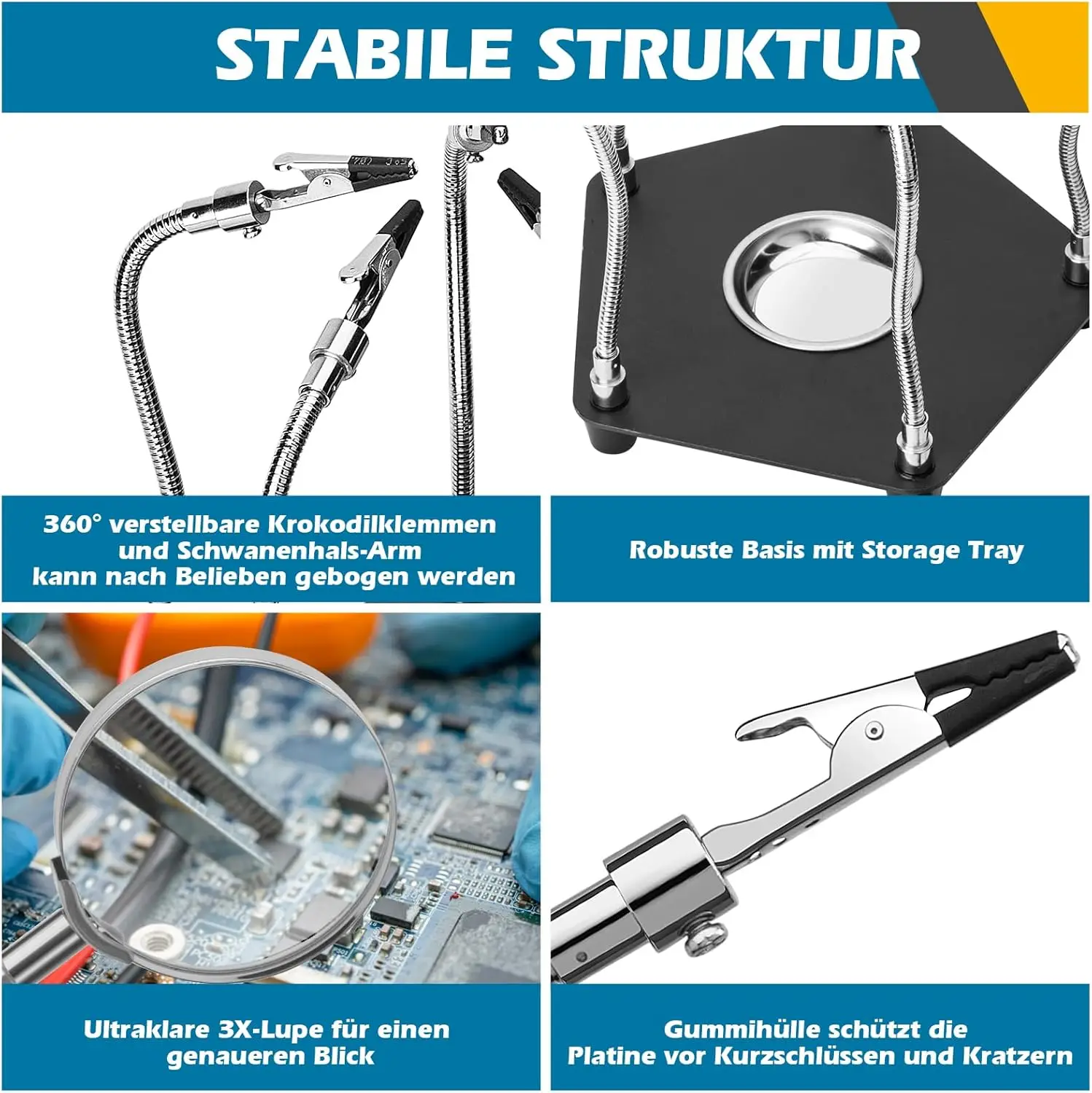 Löt-Hilfshand-Werkzeug mit 3-facher Lupe und 4 Armen, vier verstellbaren Krokodilklemmen, Leiterplattenhalter für die Reparatur von Elektronik, die Montage von Leiterplatten und präzise DIY-Arbeiten. – Detail 3