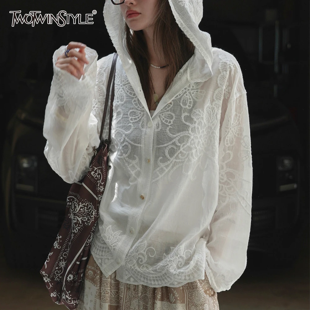 

TWOTWINSTYLE White Spliced Lace Korean Shirt Female V Neck Long Sleeve Loose Perspective Casual Women's Shirts Summer Style New