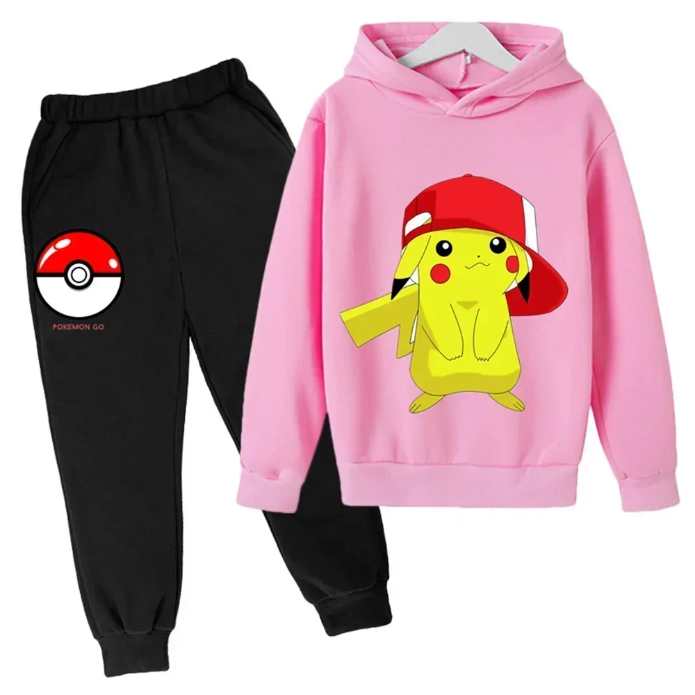 Kawaii Pokemon Pikachu zestaw bluz z kapturem dla dzieci chłopiec dziewczyna bluza z kapturem garnitur dziecięcy zestaw odzieży sportowej z kapturem spodnie chłopięce ubrania