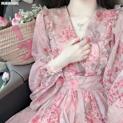 Pink Dress Korean Chic Design 2024 Womans Long Sleeve Elegant Floral Printed V Neck Ruffles Lace Up Retro Vintage Long Dress