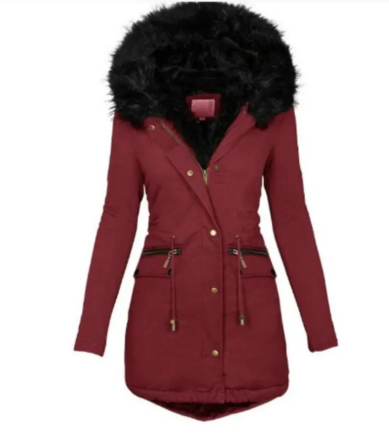 New Slim Fit and Slim Womens Jacket Solid Color Wool Collar Hooded Mid Length Warm Zipper Cotton Coat for Women