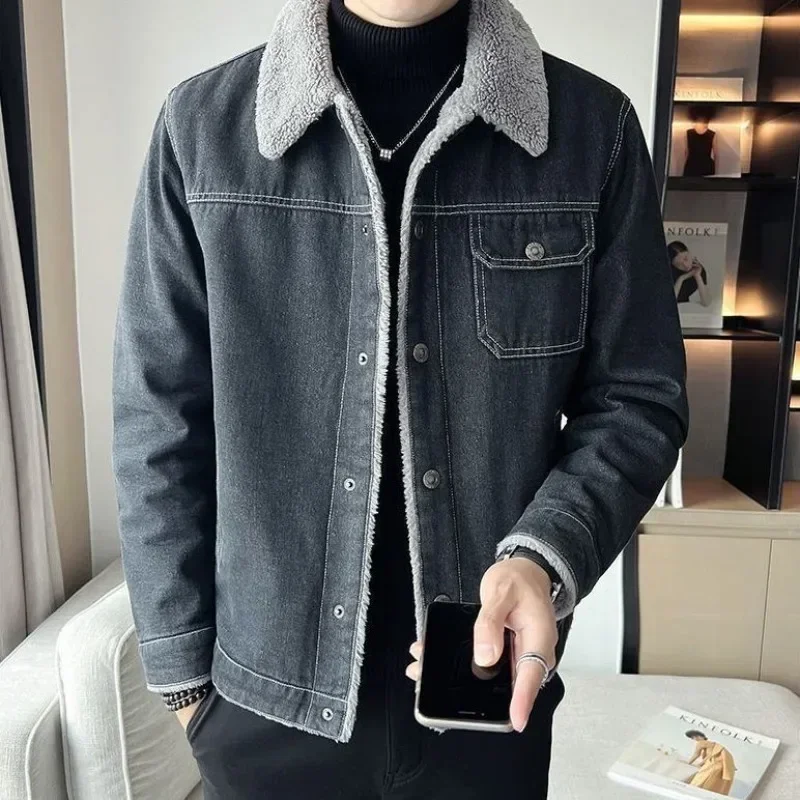 Denim Jackets Man Padded Winter 2024 Warm New In Cowboy Coat for Men Korea Washed Branded Fashion Menswear Lxury Clothing Size L