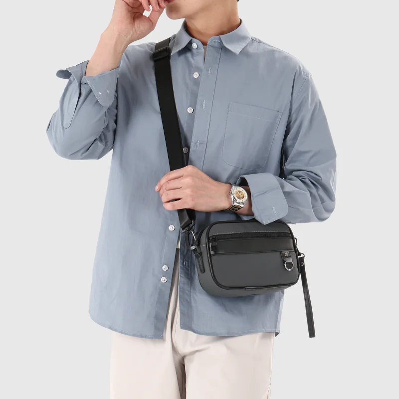 Crossbody Bag Men Pu Leather Oxford Fabric with Adjustable Strap Multi Zipper for Daily Work Travel Phone Key Wallet Storage