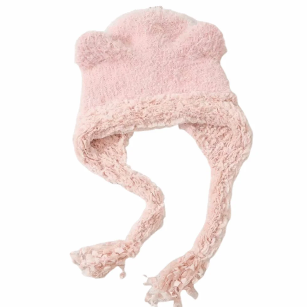 

Cat Ears Ear Protection Hat Korean Style Windproof Knitted Warm Hat Strap Design Soft Winter Pullover Hats Autumn and Winter