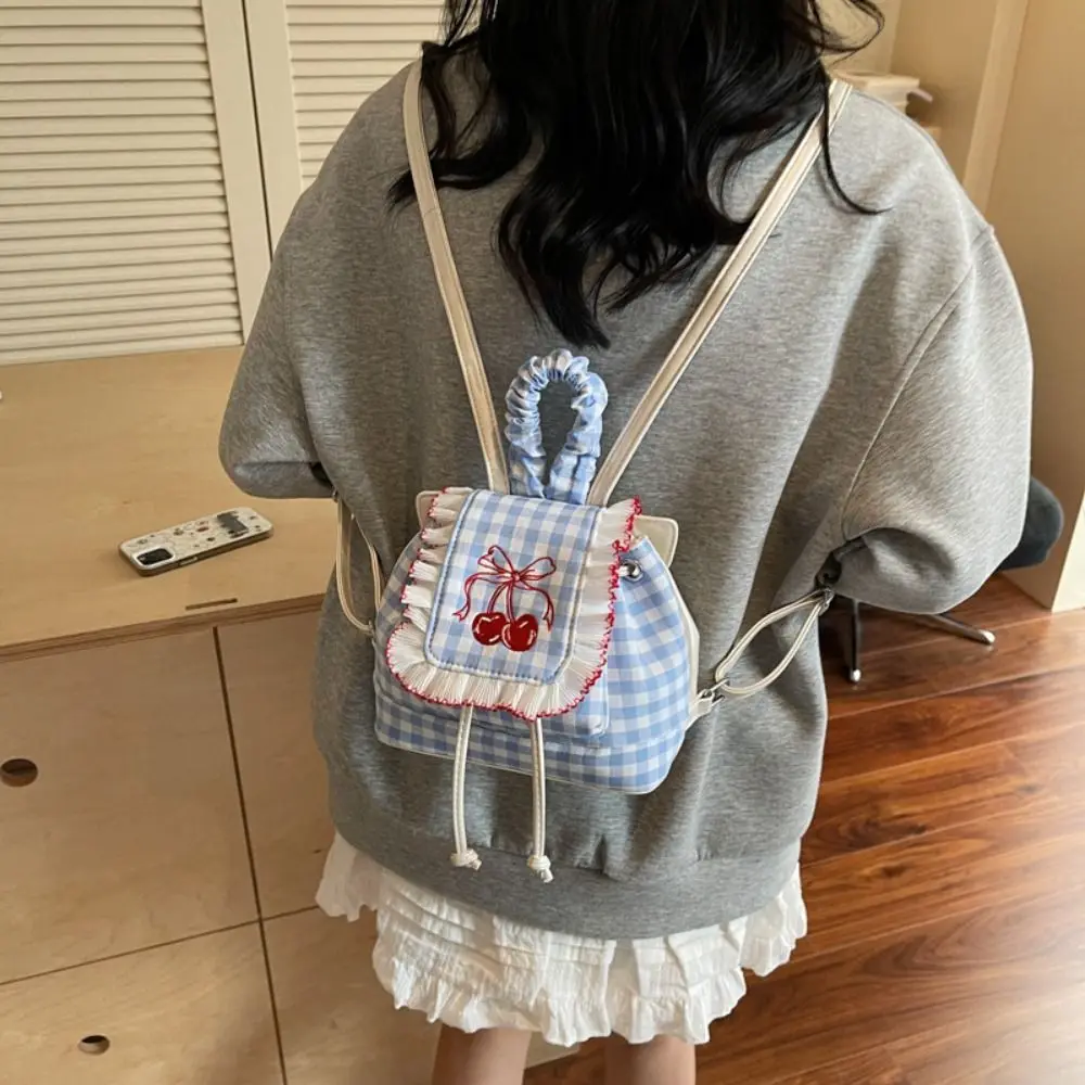 

Fashionable Korean Style Lace Plaid Backpack Travel Commute Cherry Backpack Book Bag Canvas Bow Shoulder Bag Women