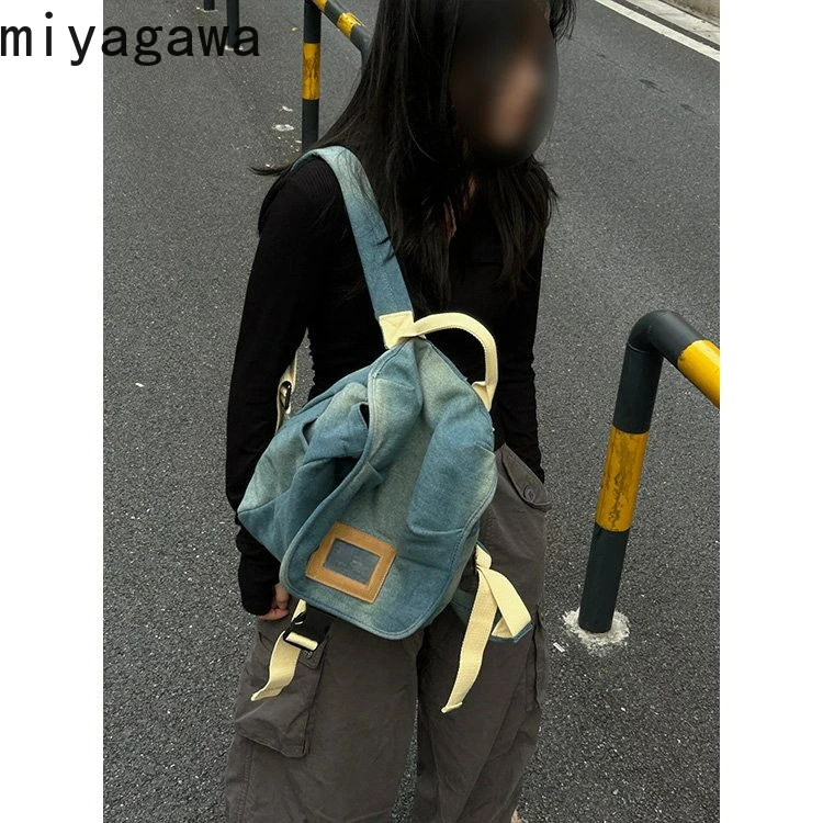 Miyagawa New Fashion Washed Retro Contrasting Denim Carrying Backpack Simple and Casual Commuting, Large Capacity Backpacks