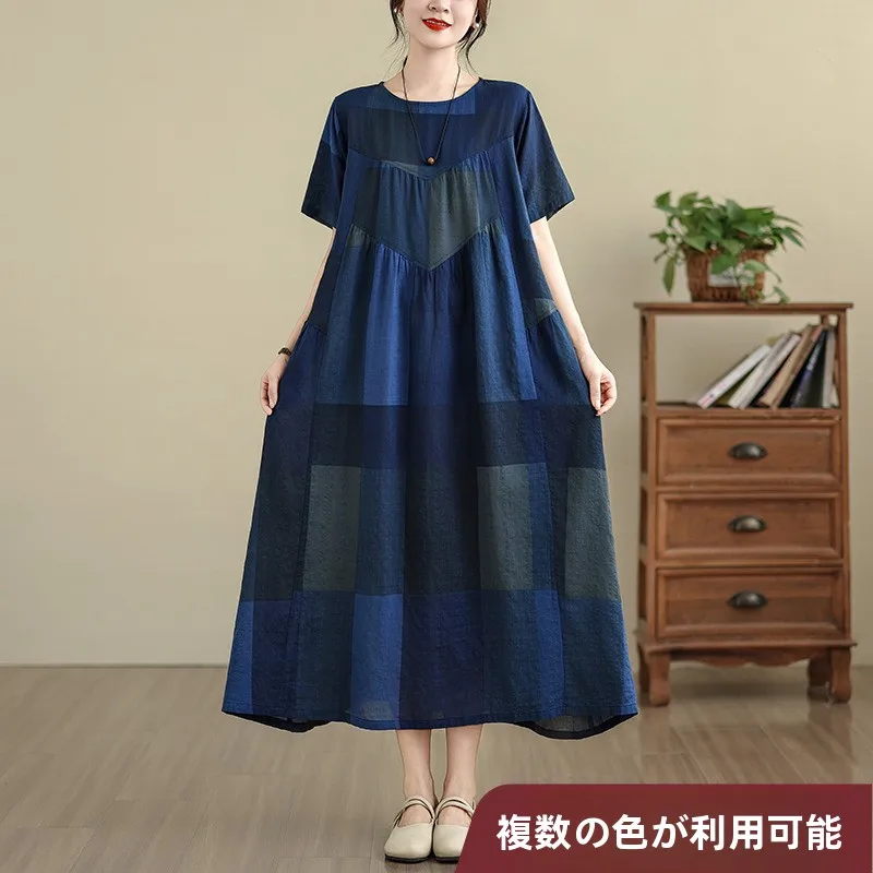 

Summer New Retro Cotton Linen Print round Neck Short Sleeve Women's Loose plus Size Slimming Splice High Waist Dress