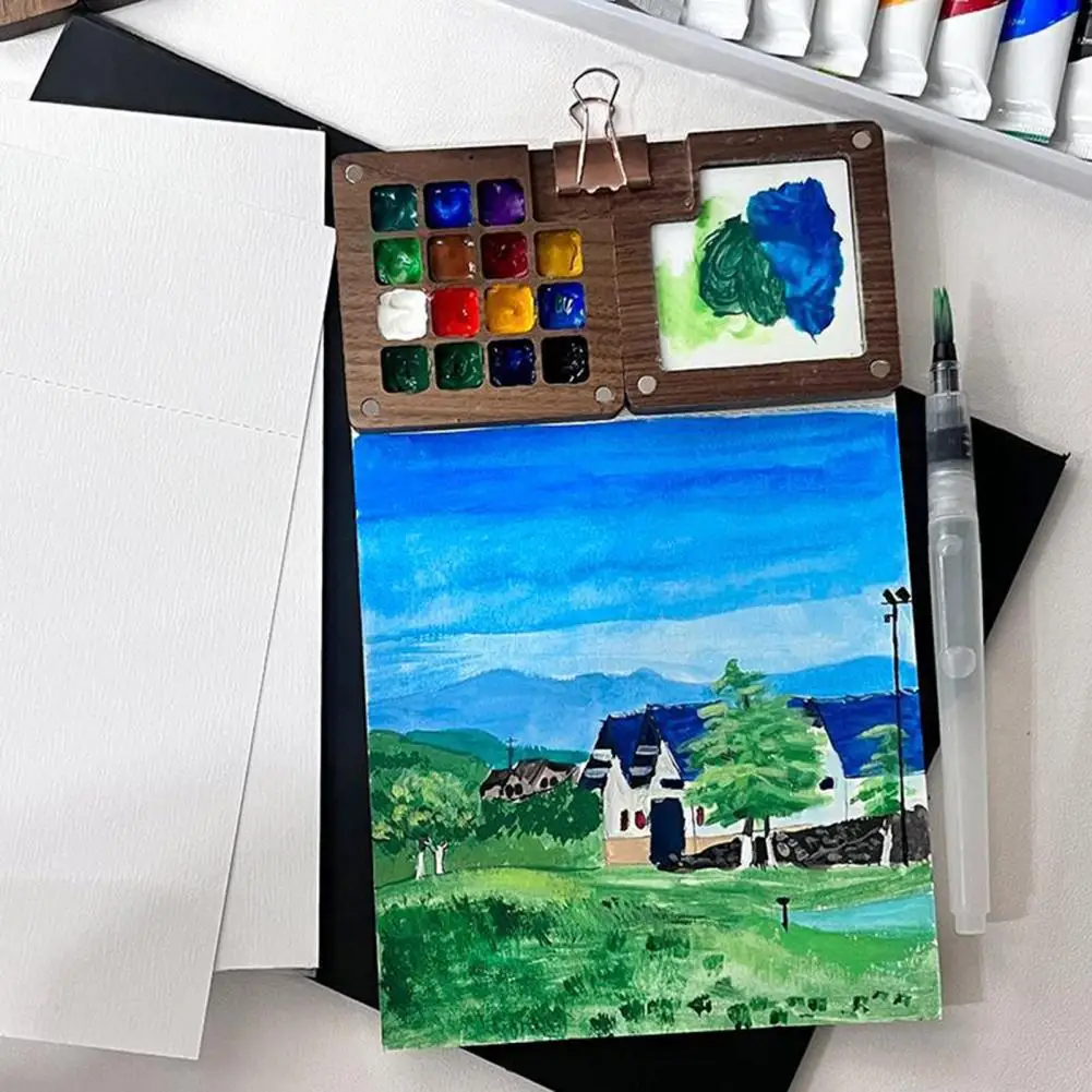 Painting Supplies Wooden Paint Box with Multi-grid Design Portable Watercolor Palette for Travel Outdoor Use Rectangle Artist