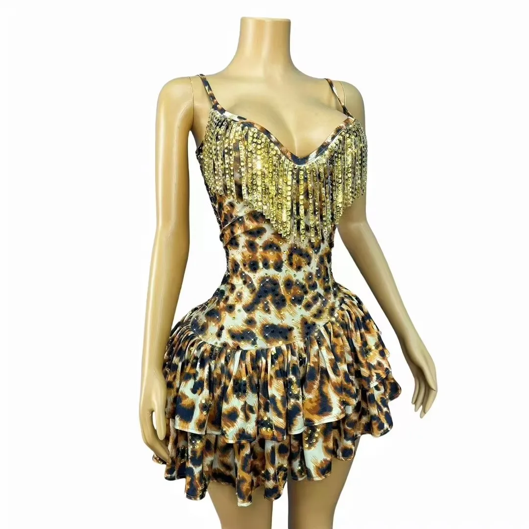 Sexy Minikleid Leopard Kristall Sling Club Nacht Frauen Sänger Bar Bühne Leistung Kostüm Geburtstag Party Zeigen Kurze Kleider