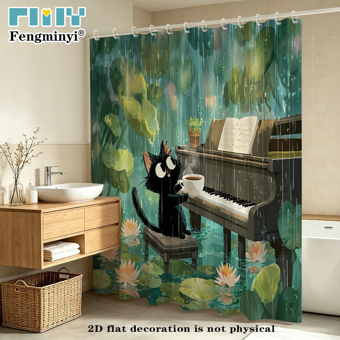 2D Flat, 2D Flat Shower Curtain 1pc, Fun Cute Pet Shower Curtain,, Featuring a Black Cat Playing the Piano Inspired by a Rainy G