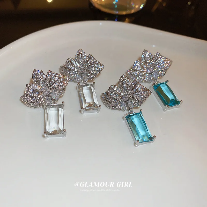 2023 Women Silver Needle Zircon Flower Square Earrings Fashion