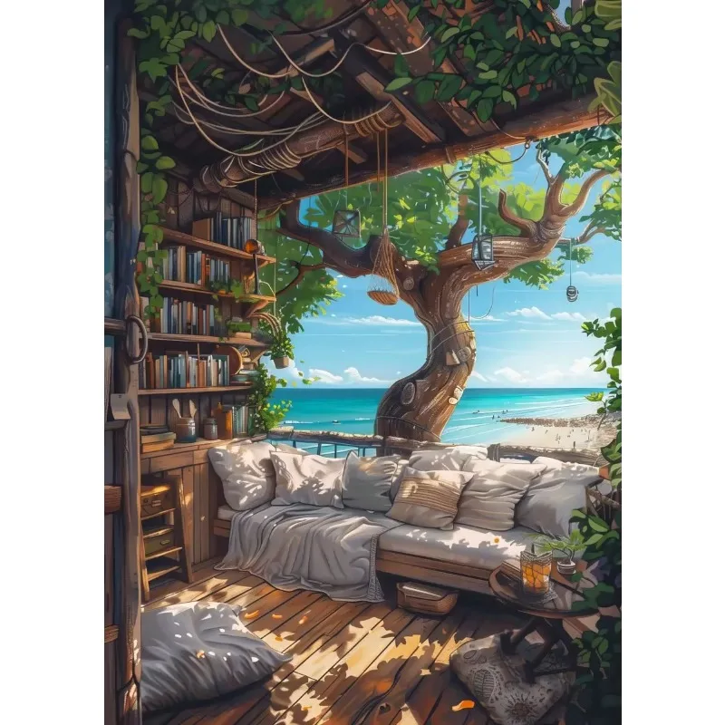 Modern Cartoon Seaside Cottage Summer Scenery Poster Coastal Villa Beach Life Canvas Painting Wall Art for Living Room Home D