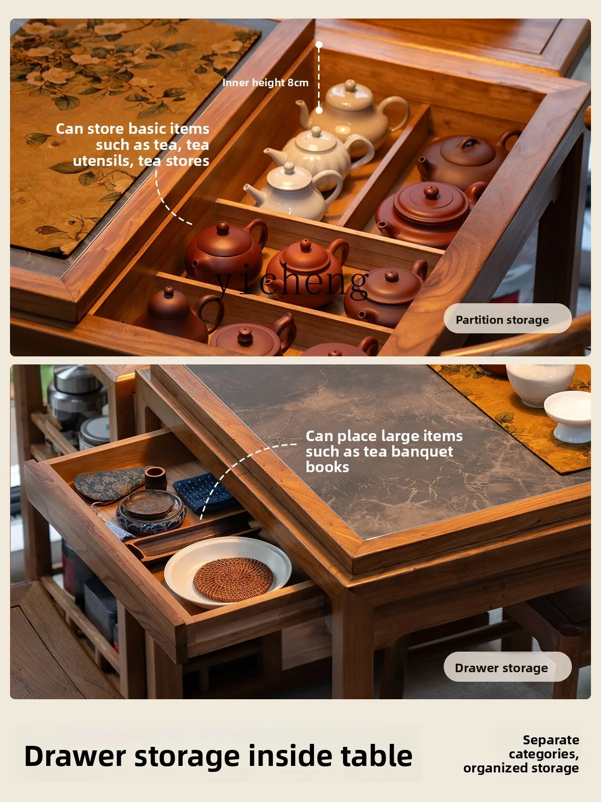 

ZZ Balcony Sliding Tea Table Exquisite New Chinese Style Small Walnut Color Extendable Solid Wood Square Tea Table
