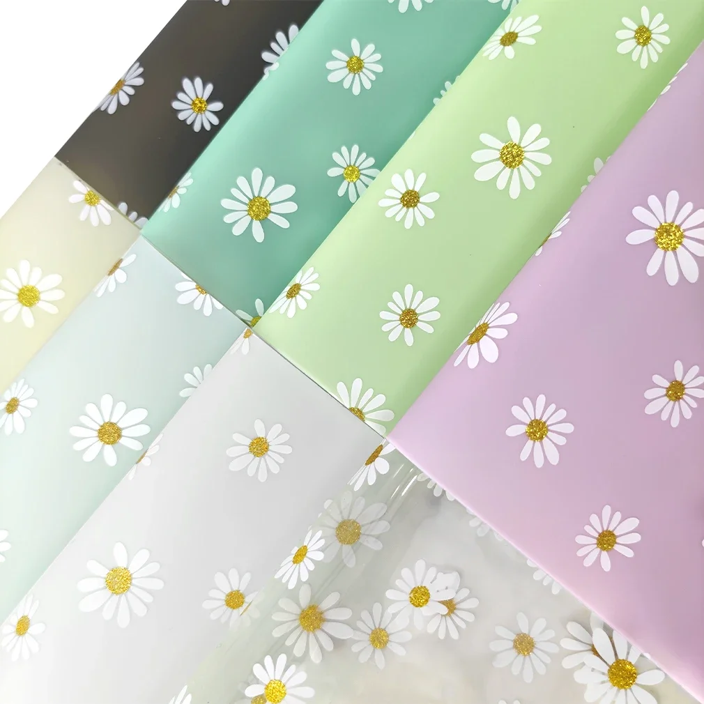 0.4mm Daisy Jelly Vinyl Fabric 46x135cm TPU Roll Printed Frosted Faux Leather Fabric For Making Handbags/Earring DIY Table Decor