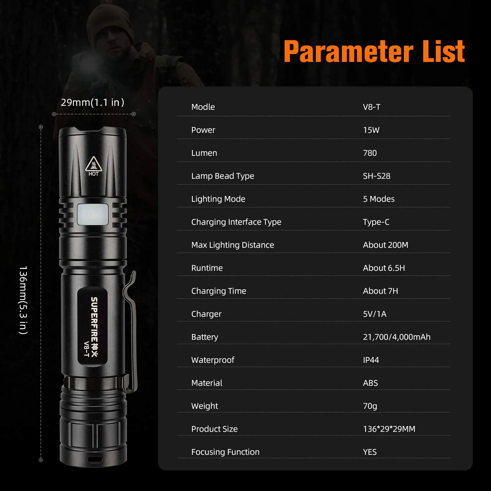 SUPERFIRE V8-T 15W High Power  Led Flashlight Zoom Tactical Torch Super Bright USB C Charging Camping Fishing Emergency Lantern