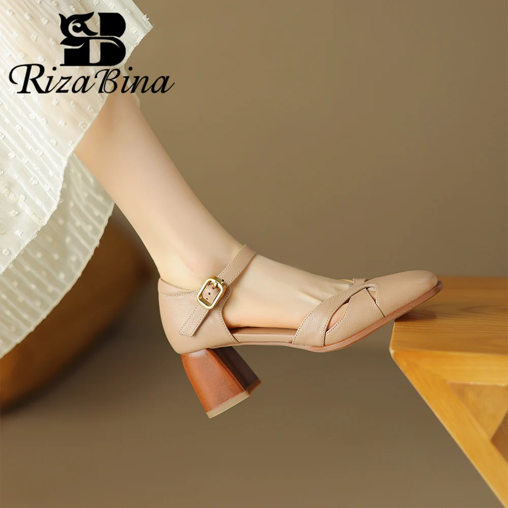 

RIZABINA Size 36-40 Women Pumps Fashion Square Toe Chunky Heel Summer Sandals Ladies Buckle Strap Casual Daily Footwear Handmade