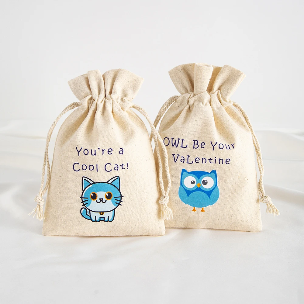 5pcs Valentine‘ s Day Jewelry Drawstring Canvas Bag Muslin Cotton Treat Pouch Candy Gift Linen Pockets for Kids Boy Party Favors