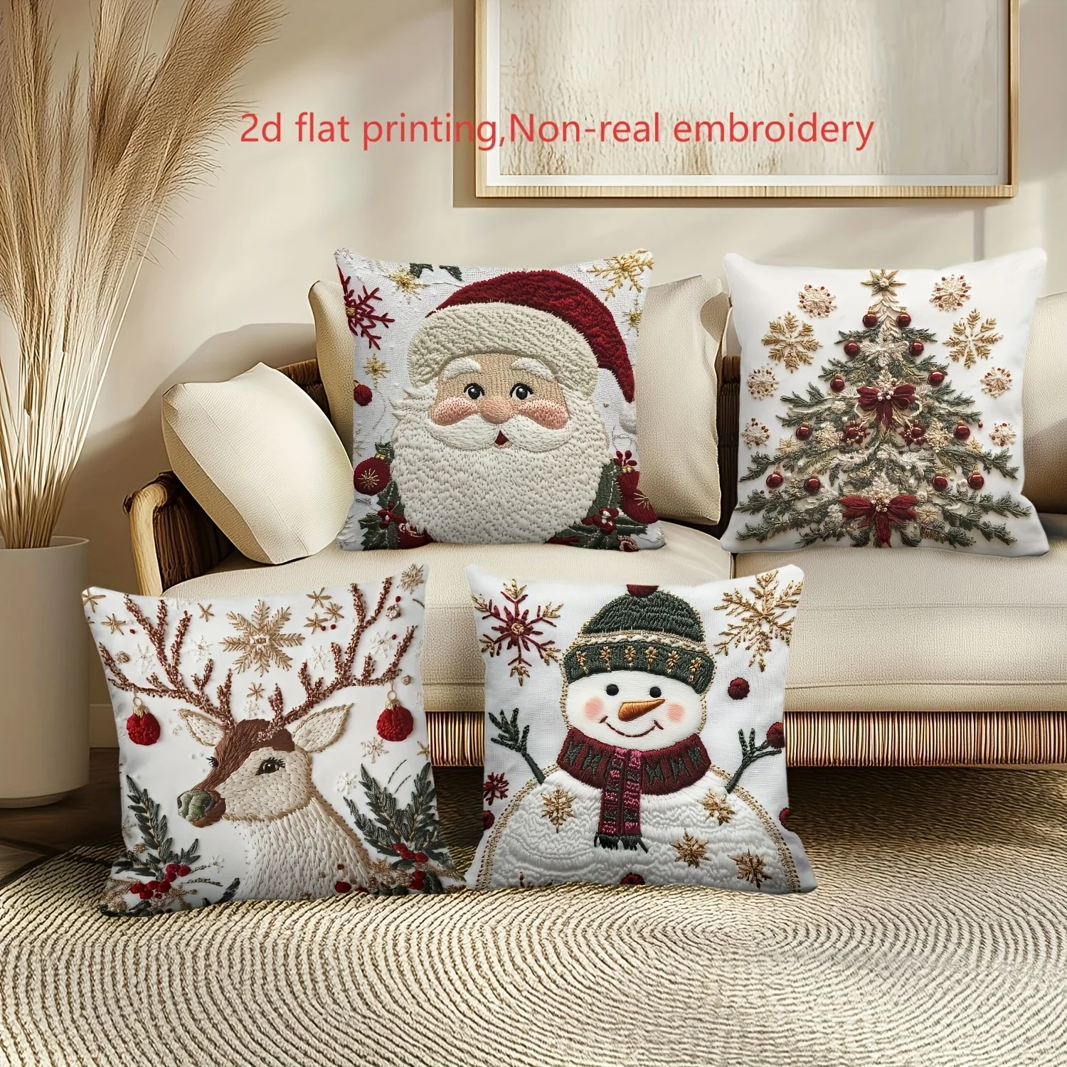 أغطية وسائد عيد الميلاد الاحتفالية - تصميمات سانتا ورجل الثلج والغزلان والشجرة، بوليستر مطرز غير حقيقي، قابل للغسل في الغسالة