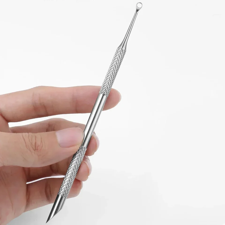 Palito de acero inoxidable de doble extremo para manicura, removedor de cutículas, lima de uñas biselada, cabeza circular biselada, empujador de cutículas 5
