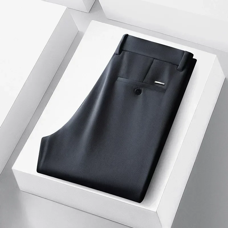 Celana panjang kerja pria, celana panjang kerja longgar warna polos tebal pinggang lurus elastis Musim Semi dan Gugur 2025