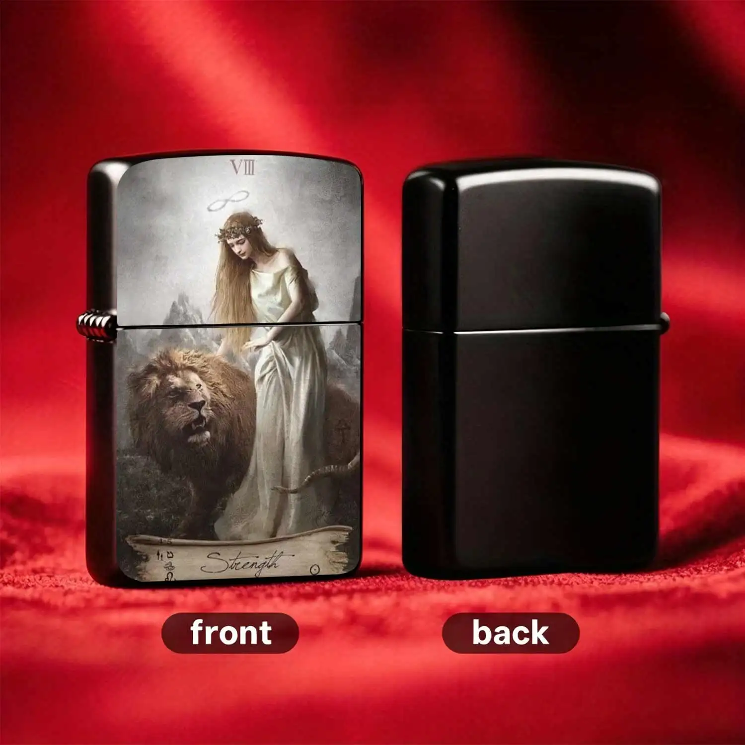 Flip-top Pocket Windproof  Lighter, Tarot Card Strength Themed Retro Vintage Body, Portable and Wear-resistant Igniter for Outdoor and Daily Use, Exquisite Art Pattern Lighter Ideal forand Gift-giving Humorous and Fu