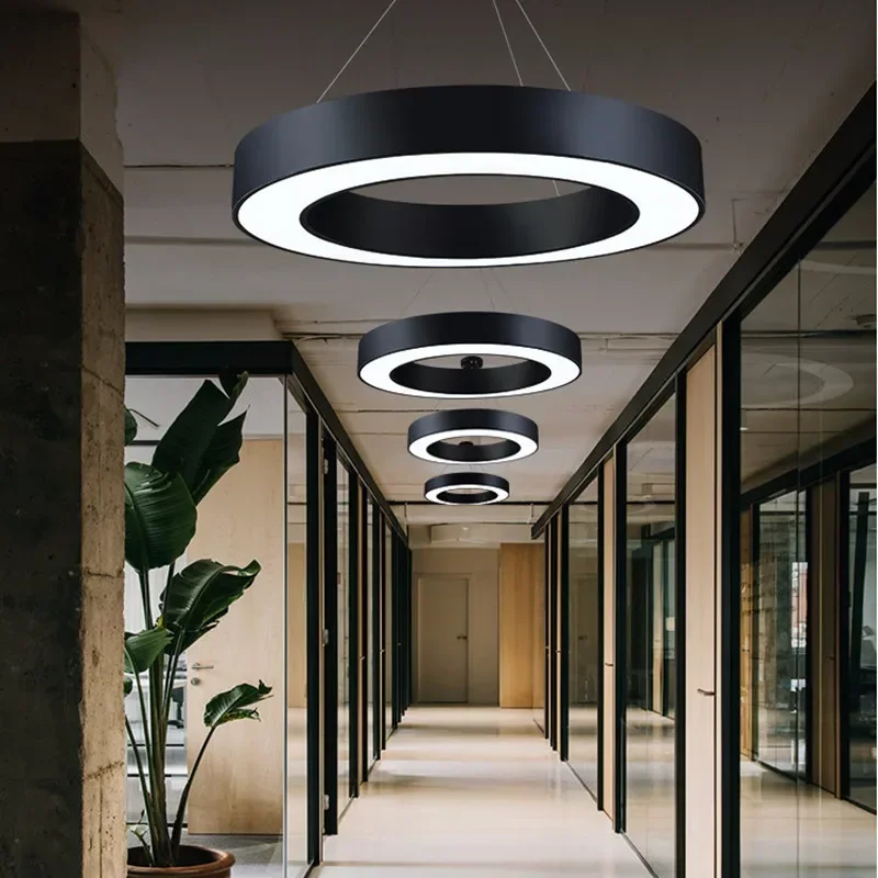 

40 60 80CM Simple Modern LED Pendant Lights Round Circle Suspension Hanging Lamp Office Home Decoration Lamp Black White