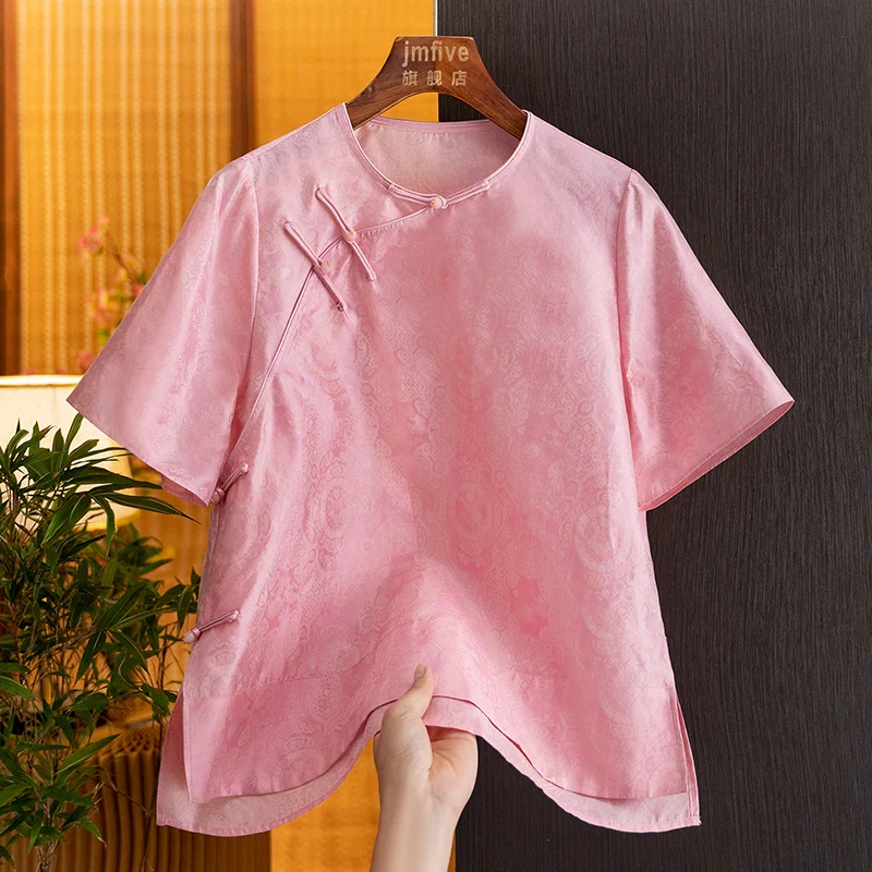 New Chinese-Style Silk Jacquard Youthful Fashion Asymmetrical Blouse for Women 2026 Summer New High-End Tang Suit Top for Women