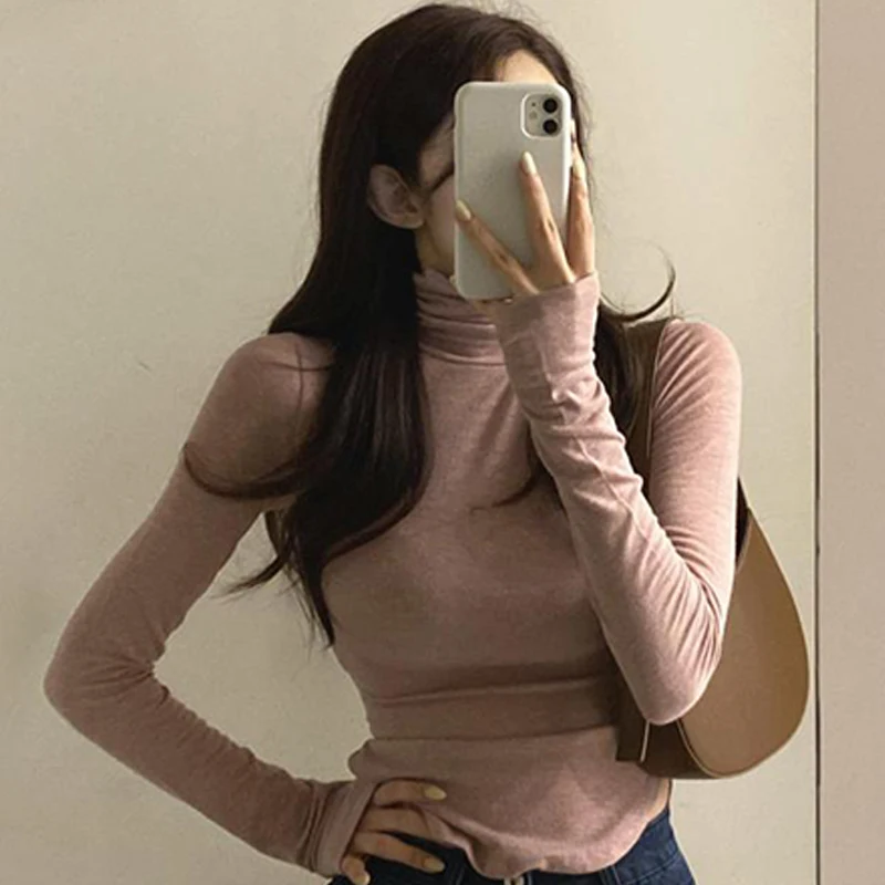 Autumn Winter Korean Solid Color Long-sleeved Turtleneck Thermal T-shirt For Women