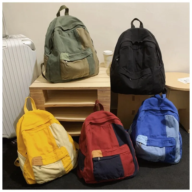 

Canvas Students Backpack Vintage Shoulders Bag College Knapsack Patchwork Packbag Travel Rucksack Student Book Bag