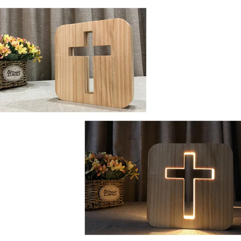Luminária de mesa de cabeceira de madeira maciça, Cruz de madeira 3D, USB, LED Small Night Light