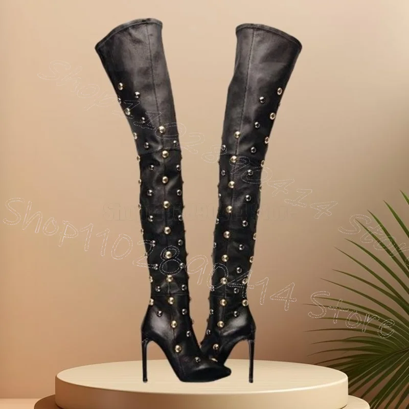 

Round Rivets Design Black Pointed Toe Boots Side Zipper Women Shoes Thin High Heels Party Feast Dating 2026 Zapatos Para Mujere