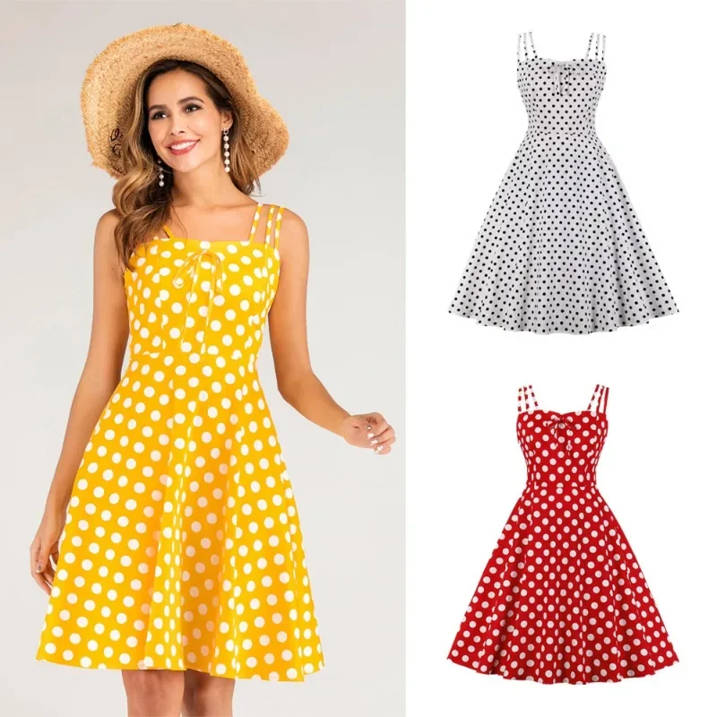 2024 New Hepburn Retro Polka Dot Bow Front Spaghetti Strap Party Swing Dresses Women's Summer Shirred Back Vintage Cotton Dress