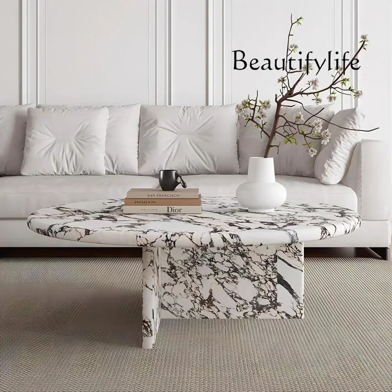 Mesa de centro de mármol natural estilo crema francesa Y, tapa lacada italiana redonda ovalada y estructura de acero inoxidable, resistente al calor
